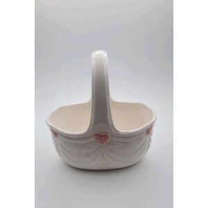 Japan 1985 VTG FTDA Ceramic Basket W/ Heart Motif Pottery Planter With Handle 7"